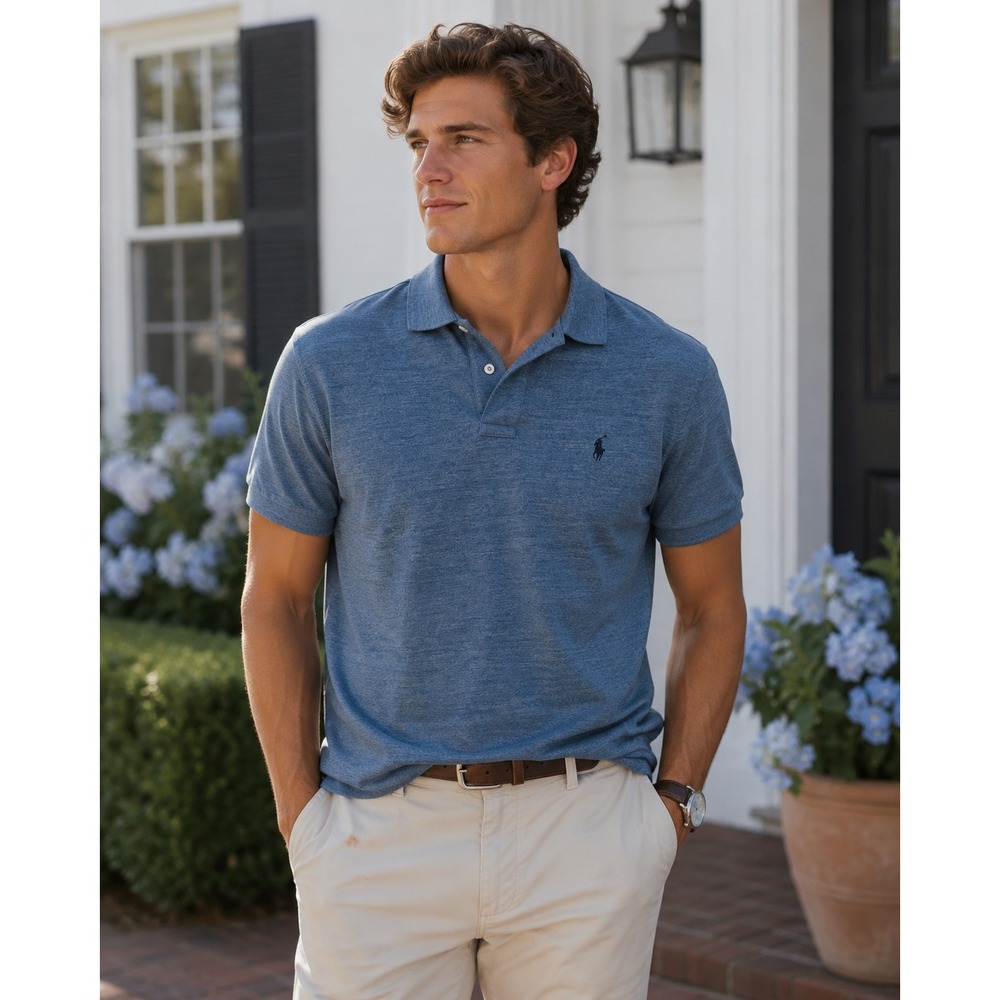 Polo Ralph Lauren XXL Polo Shirt Custom Fit Short Sleeve Cotton Heather Blue